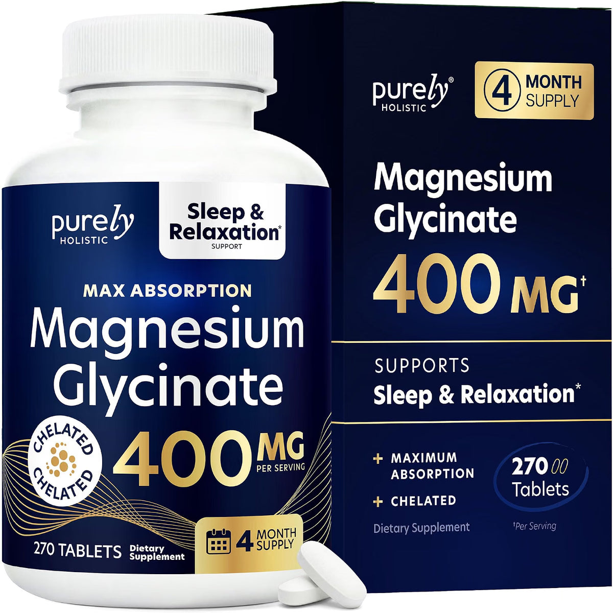 GLICINATO DE MAGNESIO 400 MG 270 TABLETAS SIN GMO VEGANO PURELY HOLISTIC