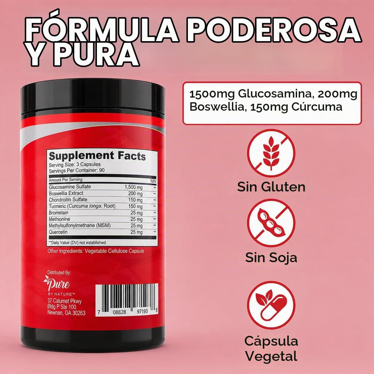 GLUCOSAMINA 1500 MG CON CONDROITINA 200 MG MSM 270 CAPSULAS VEGETALES PURE BY NATURE GLUCOSAMINE