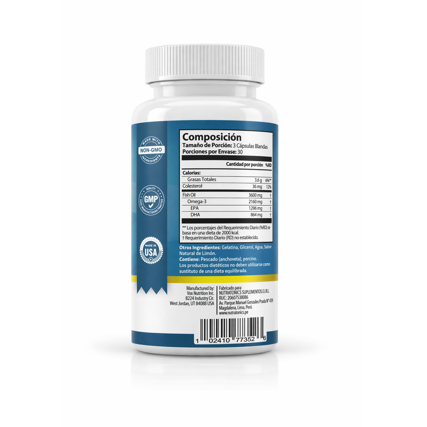 OMEGA 3 FISH OIL 3600MG NUTRATONICS 1296MG EPA + 864MG DHA 90 CAPSULAS BLANDAS SIN GLUTEN, NO GMO SABOR A LIMON