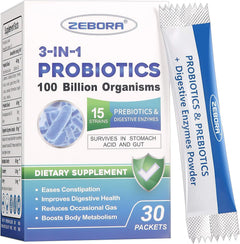 PROBIOTICOS CON ENZIMAS DIGESTIVAS EN POLVO 3 EN 1  15 CEPAS 100 BILLIONES CFU 30 SOBRES VEGANO SIN GMO ZEBORA
