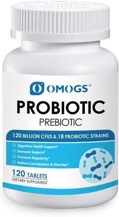 PROBIOTICOS Y PREBIOTICOS 120 BILLONES CFU 18 CEPAS 120 TABLETAS NO GMO VEGANO OMOGS