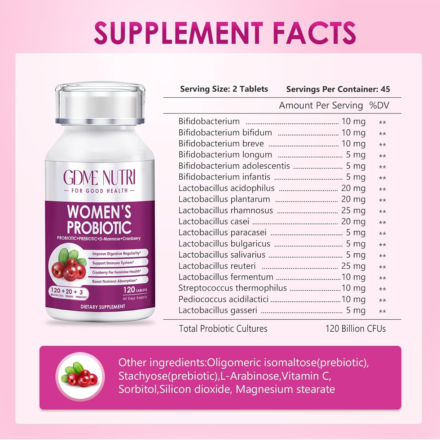 PROBIOTICOS + PREBIOTICOS PARA MUJERES 90 BILLONES CFU 18 CEPAS 120 TABLETAS NO GMO VEGANO GDME