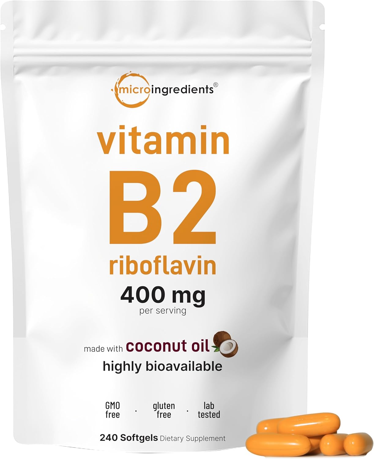 VITAMINA B2 Riboflavina 400 MG MICROINGREDIENTS 240 CAPSULAS BLANDAS SIN GMO