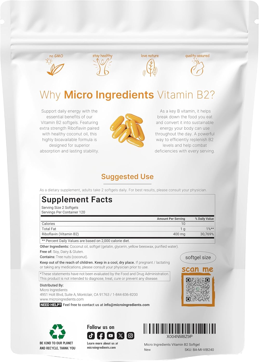 VITAMINA B2 Riboflavina 400 MG MICROINGREDIENTS 240 CAPSULAS BLANDAS SIN GMO