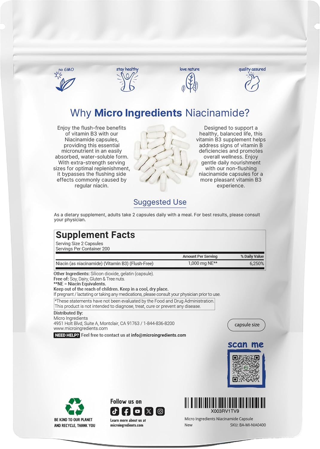 VITAMINA B3 NIACINAMINA 500 MG 400 CAPSULAS MICROINGREDIENTS