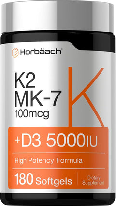 VITAMINA D3 K2 MK7 5000IU 100 MCG 180 CAPSULAS BLANDAS SIN GMO HORBAACH