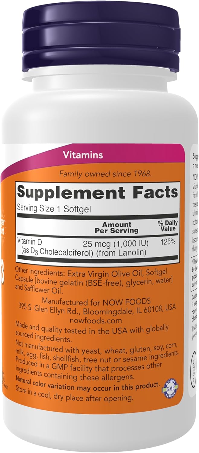 VITAMINA D3 NOW 1,000 IU 360 CAPSULAS BLANDAS SIN GMO