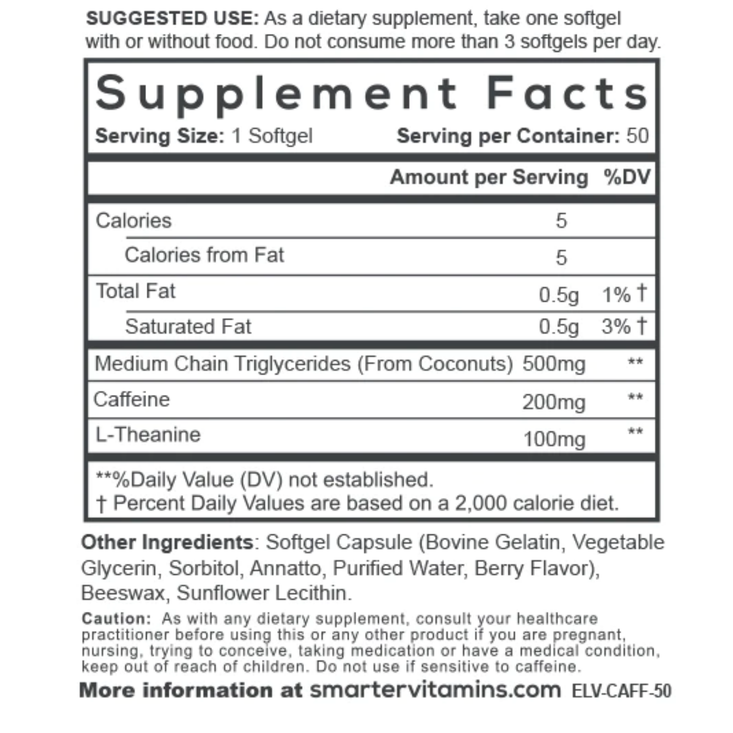 CAFEINA 200 MG  TEANINA 100 MG 50 CAPSULAS BLANDAS SIN GMO SMARTER