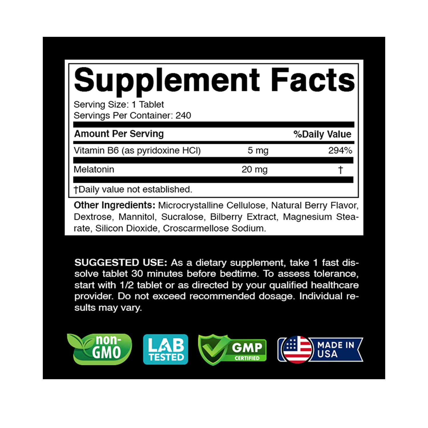 MELATONINA 20 MG CON VITAMINA B6 5 MG 240 TABLETAS SUBLINGUALES SIN GMO VITABOD
