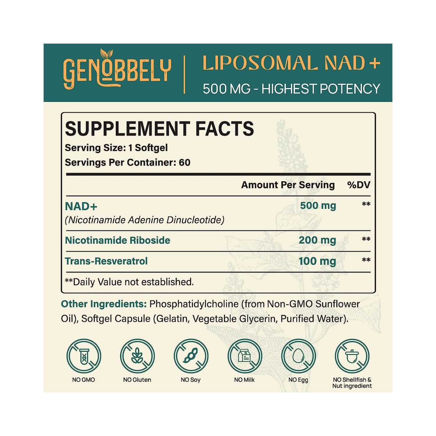 NAD+ LIPOSOMAL  800 MG 60 CAPSULAS BLANDAS SIN GMO GENOBBELY