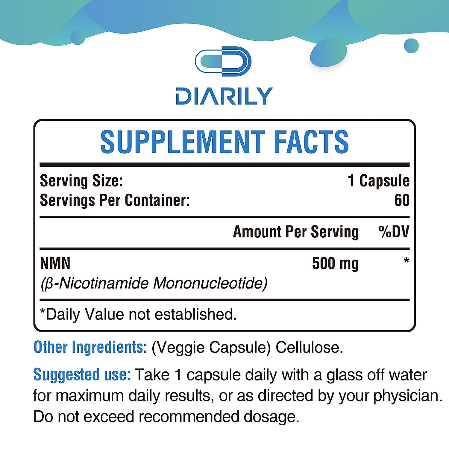 NMN MONONUCLEÓTIDO DE NICOTINAMIDA  500 MG 60 CAPSULAS DIARILY