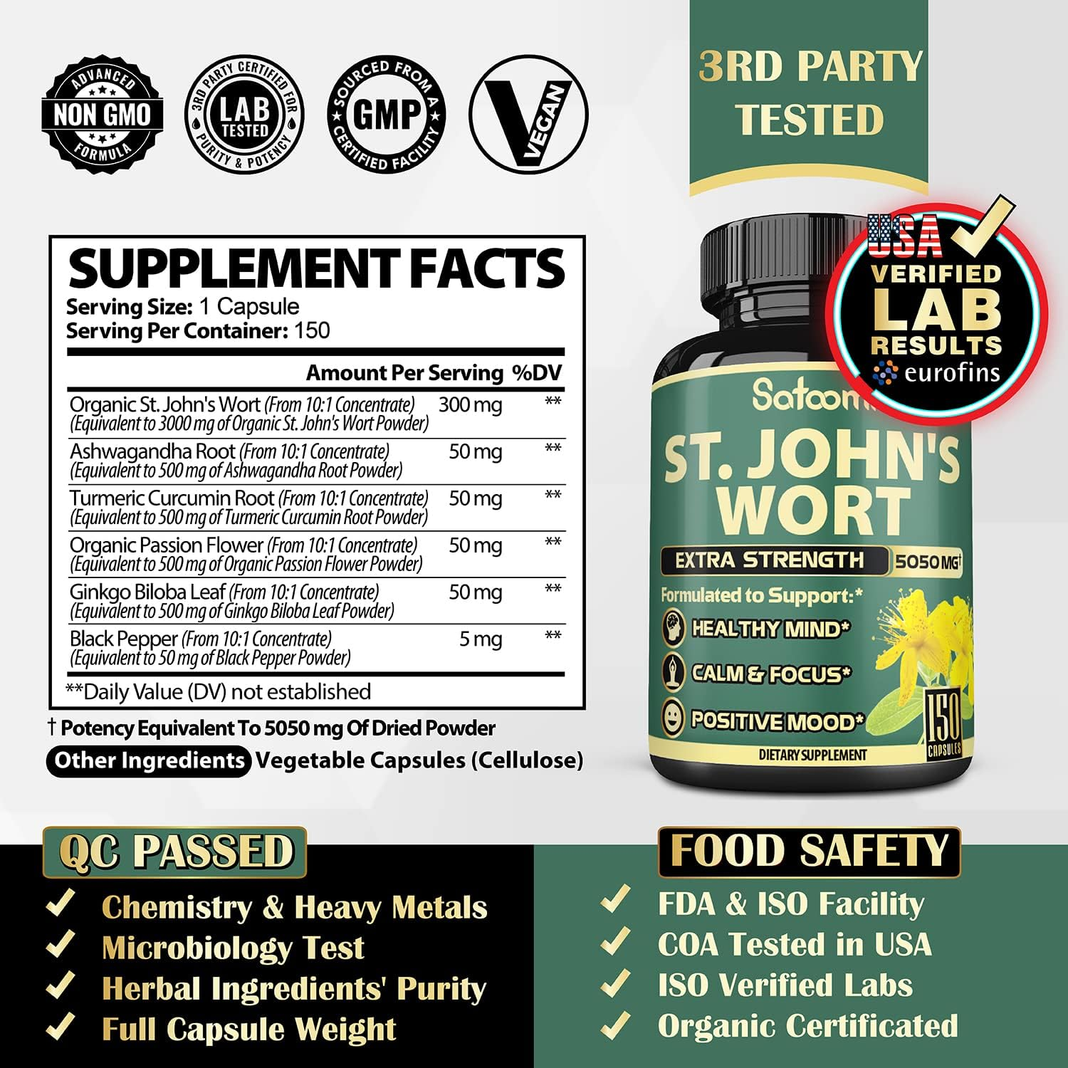ST JHONS WORT  HIERBA DE SAN JUAN  5,050 MG 150 CAPSULAS VEGANO SIN GMO SATOOMI
