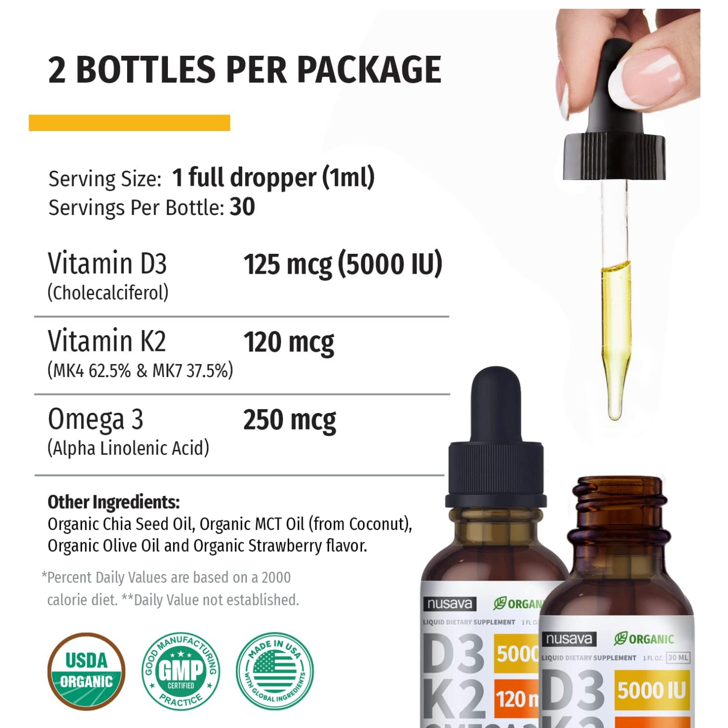 VITAMINA D3 125 MCG  K2 120 MCG + OMEGA 3 250 MCG 5,000 IU 30 ML SIN GMO NUSAVA