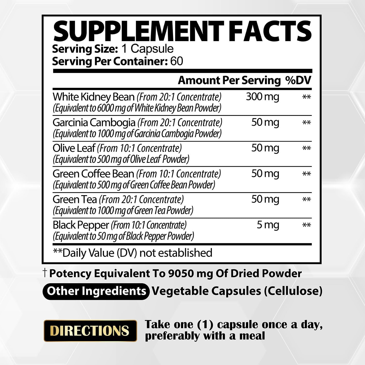 WHITE KIDNEY BEAN BLOQUEADOR DE CARBOHIDRATOS 6000 MG CON GARCINIA CAMBOGIA 1000 MG + TE VERDE 1000 MG  180 CAPSULAS SIN GMO VEGANO 60 CAPSULAS SATOOMI